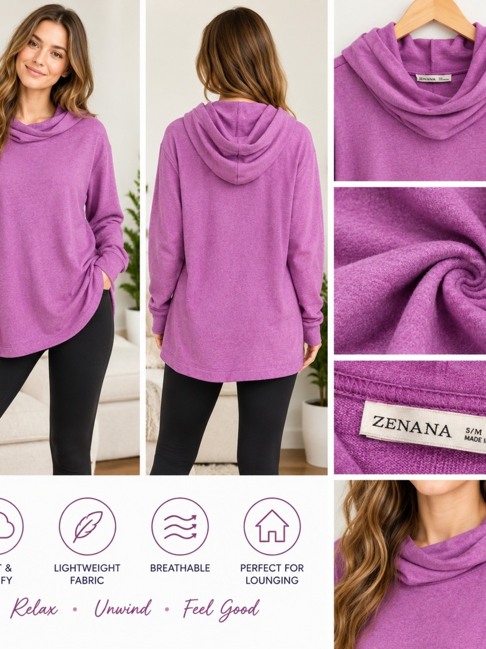 Zenana Outfitters Lavender Cowl Neck Hoodie Sweater